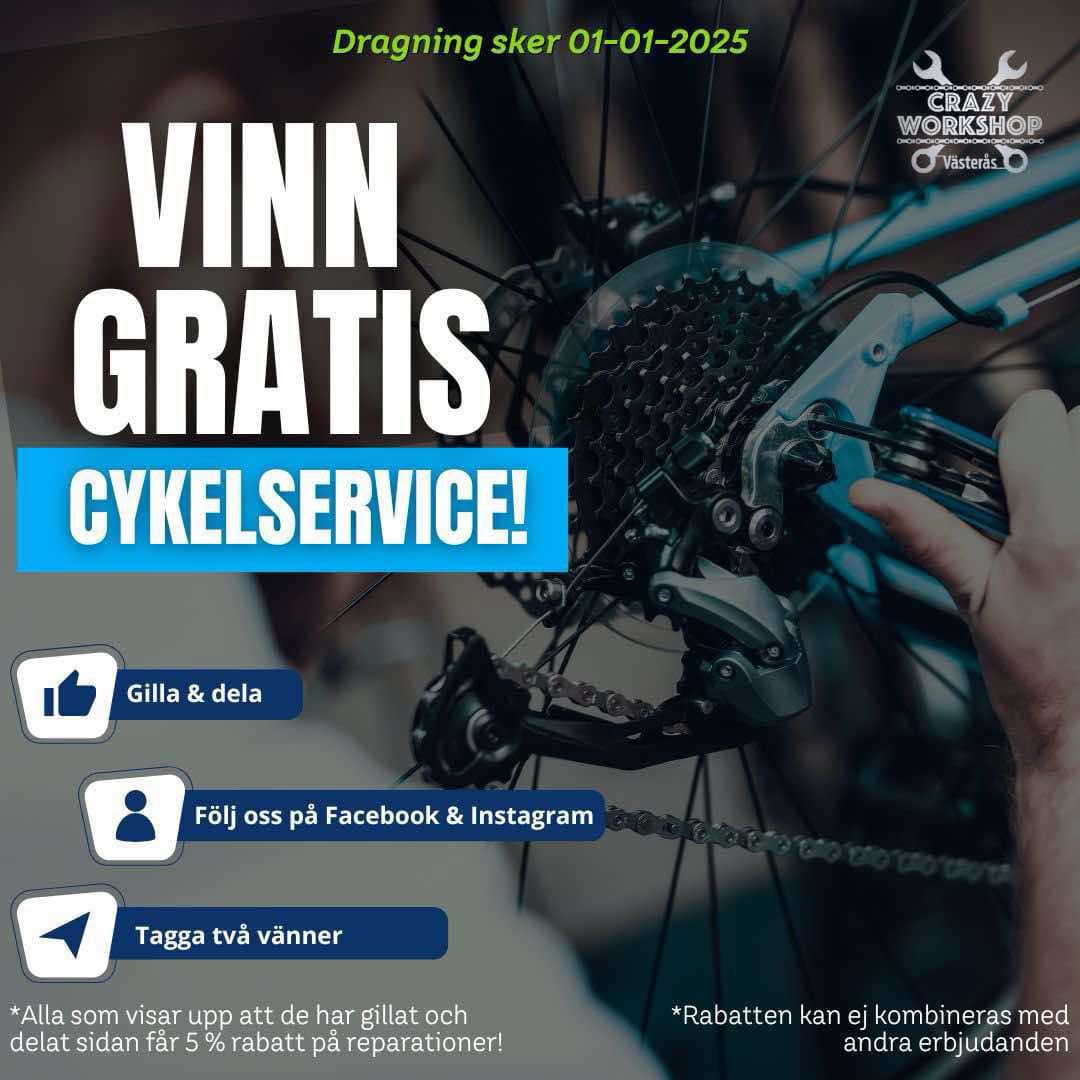 TÄVLA OCH VINN GRATIS CYKELSERVICE! 🚲
🎉 Så här gör du för att vara med i tävlingen:
1️⃣ Gilla och dela vårt inlägg på Facebook/Instagram
2️⃣ Tagga 2 vänner i kommentarsfältet nedan
3️⃣ Ha chans att vinna en gratis cykelservice (värde 599 kr) med presentkort!
💥 10 lyckliga vinnare dras den 1 januari 2025!
✨ Exklusiv rabatt:
Alla som gillar och delar får 5% rabatt på alla reparationer! (Gäller ej i kombination med andra erbjudanden).
🔧 Kom in till Crazy Workshop och ta hand om din cykel – vi fixar den för dig! 💪
📅 Tävlingen avslutas den 1 januari 2025.
Välkommen till oss och lycka till! 